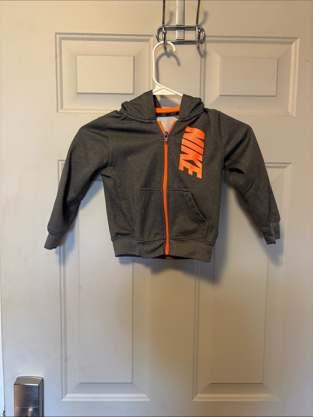 Nike Kids Charcoal Gray Hoodie with Bright Orange Logo